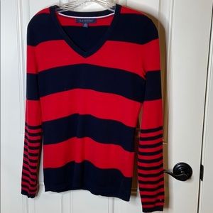 Tommy Hilfiger striped, red navy v-neck sweater XS